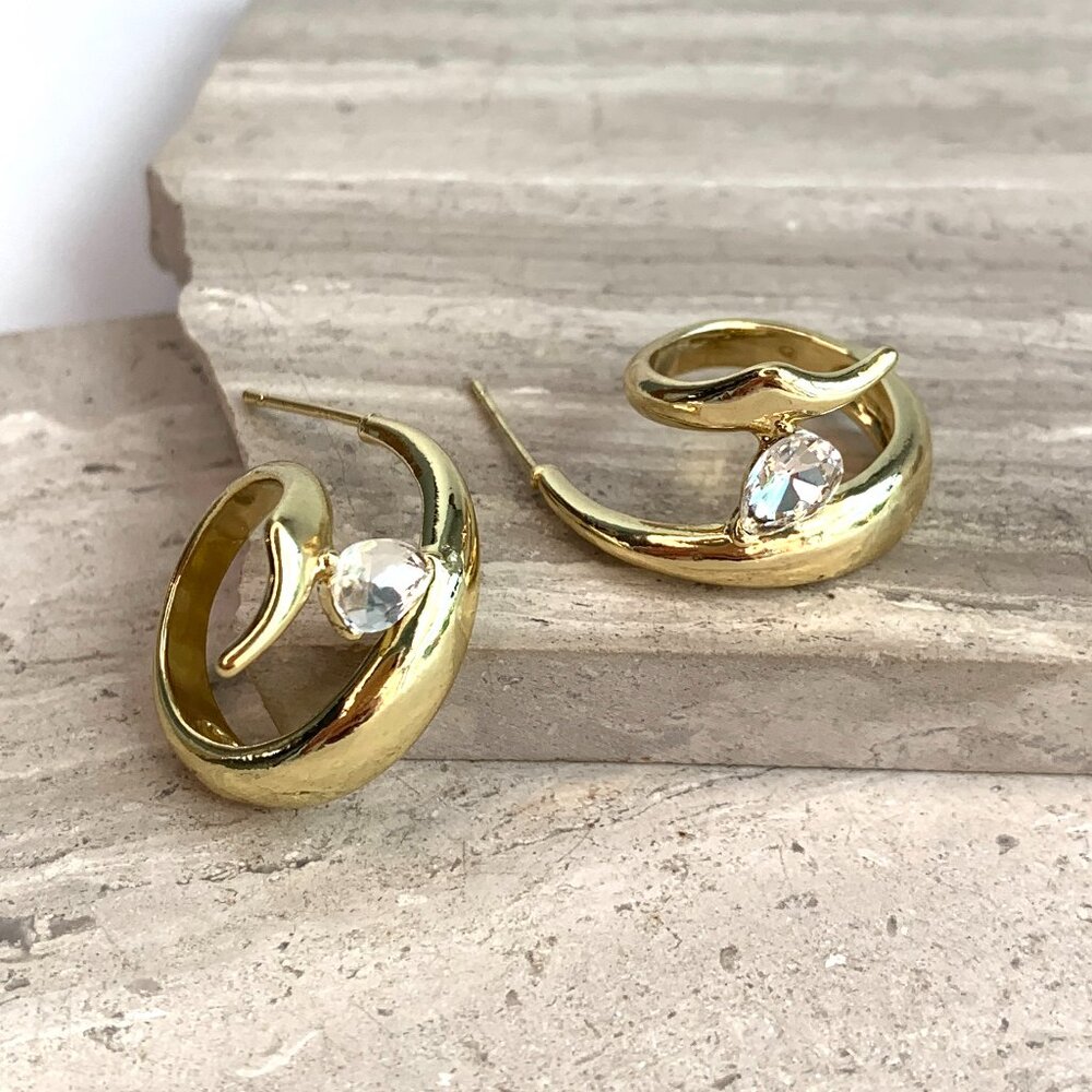 NEW~ Anthropologie Abstract Gold & Crystal Hoop Earrings
